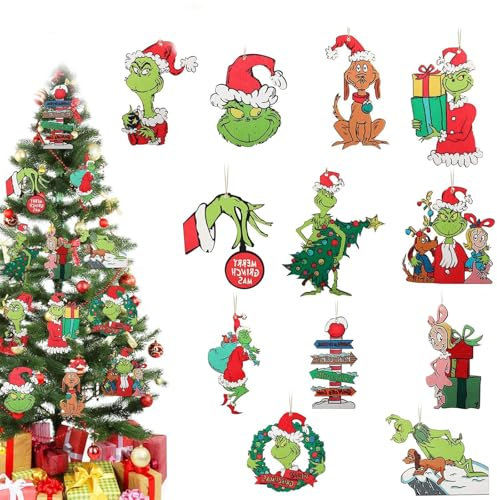 Grinch Christmas Decorations - 36 PCS Wooden Hanging Ornaments for Christmas Tree