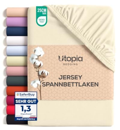 Utopia Bedding Jersey Spannbettlaken Beige 120 x 200 cm | Oeko-Tex Zertifiziertes - Matratzenhöhe Bis 25 cm - Bettlaken Baumwollmischung