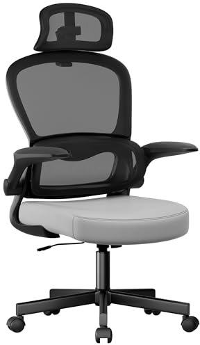 Blisswood Office Desk Chair with Headrest - 130° Recline & Lumbar Support - 360° Swivel High Back Computer Mesh Chair for Gaming, Home Office - Adjustable Flip Up Armrest, Tilt Function (Grey & Black)