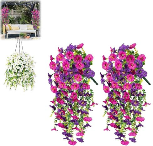 Hanging Flowers 2 Pack,Home Garden Decoration – Hanging Morning Glory,No Fade Fake Plastic Flowers for Decoration, Hanging Planters Indoor Outside Garden Porch Window Home Wedding (Purplish Red)