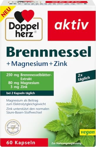 Doppelherz Brennnessel + Magnesium + Zink | 250 mg Brennnesselblätter-Extrakt pro 2 Kapseln - Zink unterstützt den normalen Säure-Basen-Stoffwechsel - 60 vegane Kapseln