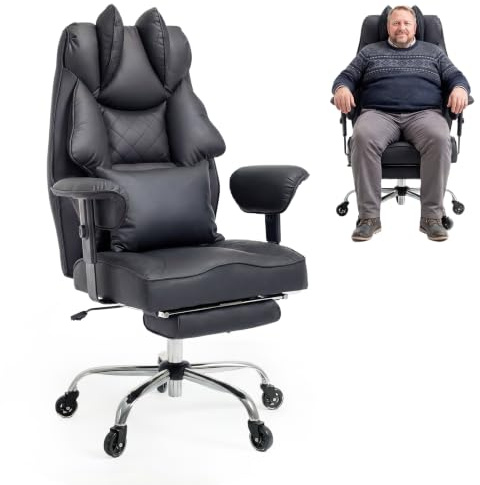 Asukale Ergonomischer Bürostuhl 200kg, XXL Chefsessel Fußstütze Homeoffice | XXL Schreibtischstuhl Ergonomisch, 90–135° Rückenlehne, W-Form Sitzkissen, Lendenkissen, Leder Schwarz