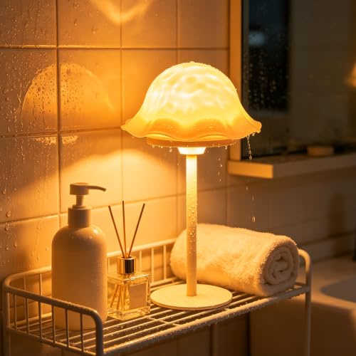Duschlampe Wasserdicht IP54, Kabellose Wasserwellen Lichtprojektor mit RGB | 3 Farbtemperaturen, LED Akku Tischlampe mit Touch und Fernbedienung, Stimmungslicht für Badewanne Dusche Schlafzimmer