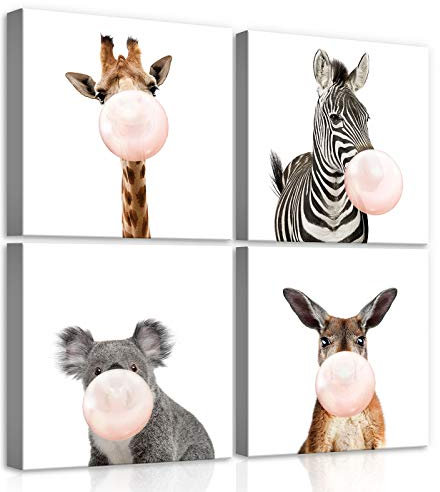 Forwall Leinwandbild Canvas Tiere Kinderzimmer - Giraffe Zebra Känguru Koala Kaugummi Kinderbild modern Wandbilder Bild Kinder Lustige Tiere PS12525S20 50cm x 50cm [4 x (25cm x 25cm)]