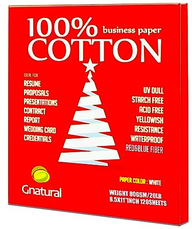 Gnatural Premium-Business-Papier aus 100% Baumwolle, A4-Format, 9,1 kg/80 g/m², Vertragspapier mit roter und blauer Faser, wasserdicht für Tintenstrahl- und Laserdruckpapier, 120 Blatt