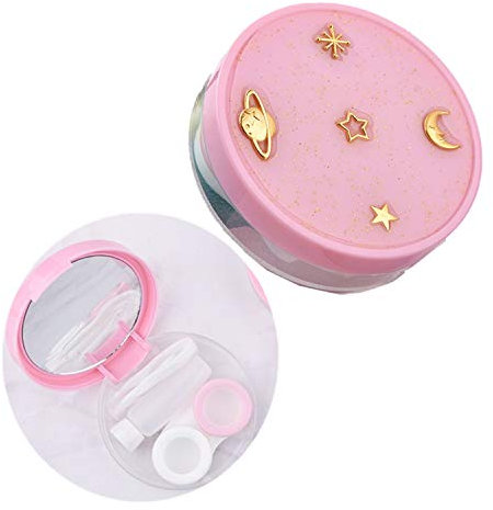 PU Leather Contact Lens Case Cute Pearl Cartoon Portable Travel Contact Lens Case Box Eye Care Kit Holder Mirror Box (Pink)