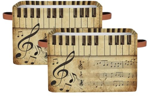 AUUXVA Vintage Storage Baskets Music Note Storage Bins Piano Key Storage Cube Box Collapsible Canvas Book Basket Organizer Bin with Handles for Shelf Closet Bedroom Home Office, 2 Pcs