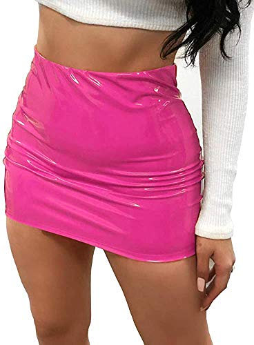 Minetom Femmes en Cuir Similaire Jupe Courte Taille Haute Courtes PU Jupe Crayon Moulante Zippée Mini Jupe Clubwear Rose L