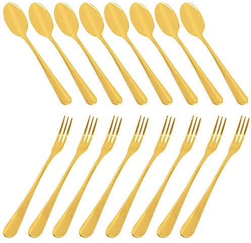 Demitasse Kaffeelöffel Gold 16er Set (4 Zoll) und Edelstahlgabeln (4,8 Zoll), Mini Kaffeelöffel und Kuchengabeln von SourceTon GOLD für Dessert, Tee, Vorspeise