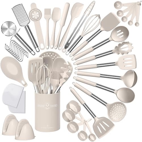 Umite Chef Juego de utensilios de cocina de silicona, juego de espátulas de 43 piezas con mango de acero inoxidable, antiadherente, resistente al calor, el mejor juego de utensilios de cocina (caqui)