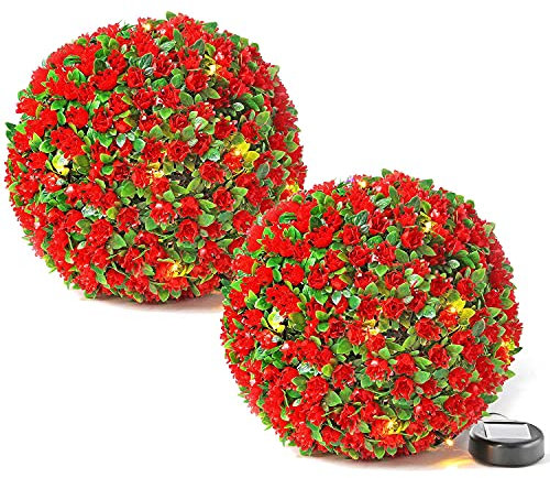 2 X Solar Topiary Ball - Hanging Topiary Ball Light Sphere | Weather-resistant | Solar Powered | With 20 Led Warm White Lights | Ideal For Wedding Artificial Plant, Backyard Balcony Garden Décor - RED