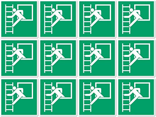 Notausstieg mit Fluchtleiter, Rettungszeichen: E016 - DIN EN ISO 7010 / ASR A1.3 - Aufkleber: 2,5 cm, 12 Stück