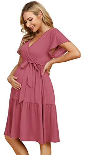 KOJOOIN Robe de maternité pour Femme Robe d'allaitement à col en V Robes de maternité décontractées à Volants,Rose (Manches Courtes),M