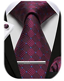 HISDERN Herren Hochzeit Dunkelrot Krawatten und Einstecktuch Krawatte Plaid Manschettenknöpfe-Krawattenklammer-Set
