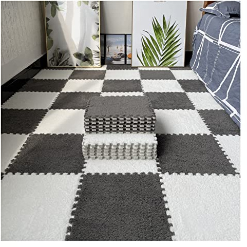 9/12/15/16 Stück Ineinandergreifende Schaumstoff-Teppichfliesen, Weiche, Flauschige Plüsch-Teppichmatte, Kriechende Spielmatte, Puzzlematte, Für Schlafzimmer, 30 X 30 cm,Grey+White,12 PCS