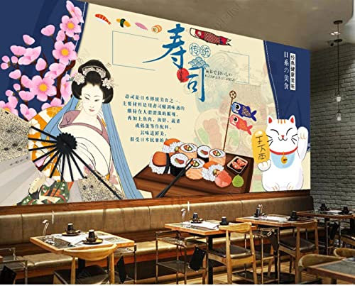 Papier Peint 3D Personnalisé Cuisine Japonaise Sushi Style Japonais Ukiyo-e Geisha Restaurant Japonais Sushi Restaurant Kimono Beauté Chanteur Faisant Signe Chat Restaurant Fond Mur 430cm(L)×300cm(H)