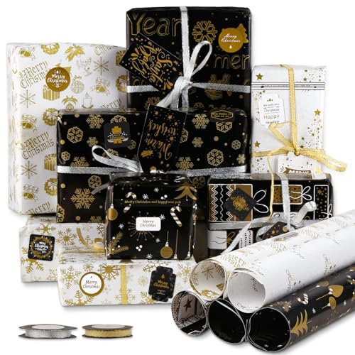 Geschenkpapier Weihnachten Kinder 7 Blatt, Weihnachtspapier Geschenkpapier Set Rolle, Recycelbares Geschenk Verpackung Papier mit Geschenkband, Weihnachts Geschenkpapier Kinder Junge und Mädchen