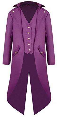 FYMNSI Herren Gothic Steampunk Frack Mantel Männer Mittelalter Viktorianischen Vintage Jacke mit Waistcoat Uniform Lange Smoking Karneval Fasching Halloween Kostüm Party Cosplay Verkleidung Lila XL