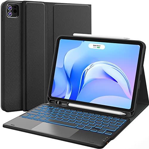 CHESONA Étui pour iPad Pro 11 avec clavier, clavier Bluetooth amovible avec rétroéclairage 7 couleurs, pavé tactile et porte-crayon, 2 canaux Bluetooth, pour iPad Pro 11/iPad Air 4/5e (noir)