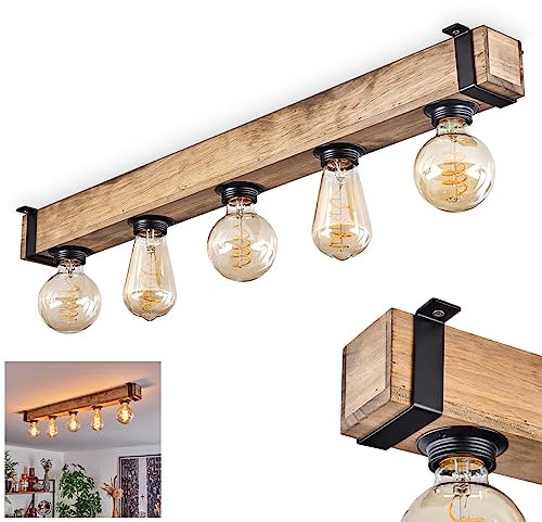 Deckenleuchte Montgomery, moderne Deckenlampe aus Metall/Holz in Schwarz/Natur, Leuchte im Industrial-Style, Retro/Vintage-Leuchte 5-flammig mit Holzbalken, 5 x E27-Fassung. ohne Leuchtmittel
