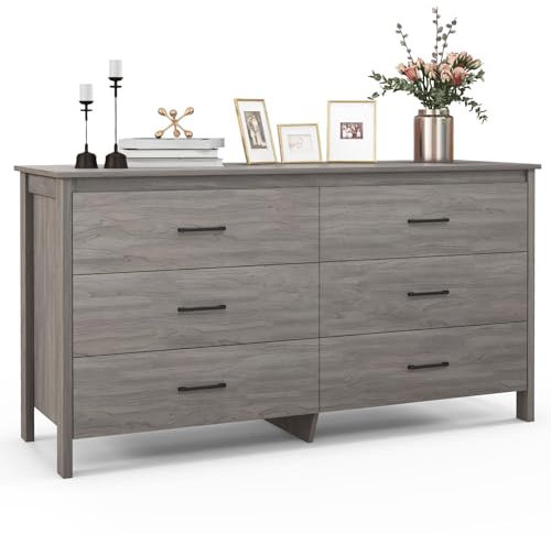 CASART Chest of Drawers, Wooden 6-Drawer Double Dresser, Multifunctional Storage Cabinet TV Stand Unit for Bedroom Living Room Hallway