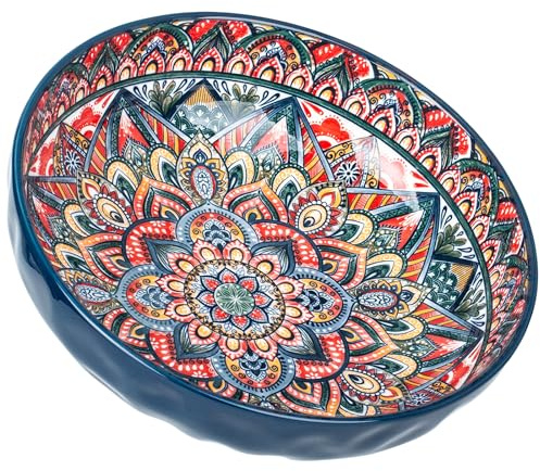 Ronanemon 75 Oz Serving Bowls,Bohemian Style Large Porcelain Dishes for Entertaining Parties,Big Bowls for Eating Soup, Salad, Pasta, Fruit, Chips, 10.3 Inch Diameter (blue)