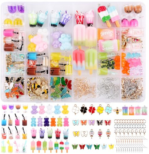 Deepton 188 Stücke Charms Anhänger Set, Schmuck Selber machen set, Bubble Tea Ohrringe, Schmetterling Gummibärchen Halskette Diy Geschenk, Ohrringe Selber Machen Set für Armband Schlüsselanhänger