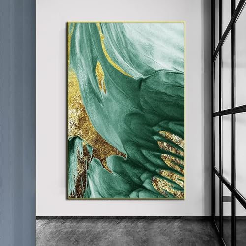 KAAUSE Abstrakte grüne Gold-Leinwand-Ölgemälde, nordische moderne Luxus-Poster und Drucke, Wandkunstbilder für Wohnzimmer, Schlafzimmer, Dekoration, 70 x 80 cm (28 x 32 Zoll), rahmenlos
