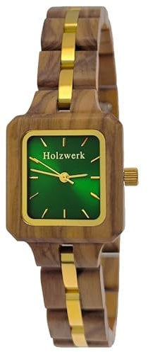 Holzwerk Germany Handgefertigte Designer Damen-Uhr Öko Natur Holz-Uhr Braun Grün Gold Holz Armband-Uhr Analog Eckig Klassisch Quarz-Uhr