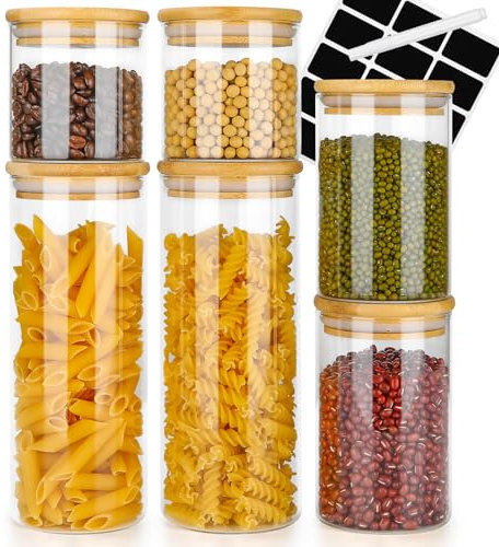 Otauoaea Bocaux en Verre, Lot de 6 Bocal en Verre avec Couvercle en Bambou, Pot en Verre Hermétique, Bocaux Rangement Cuisine pour Pâtes, Céréales, Thé, Haricots [2x 1000ml + 2x 600ml + 2x 400ml]