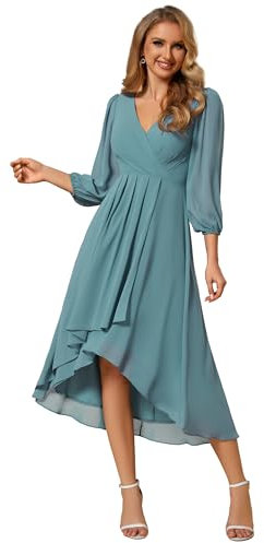 Ever-Pretty Women's Chiffon V Neck 3/4 Sleeves Pleated A-Line Midi Length Wedding Guest Dress Dusty Blue 14UK