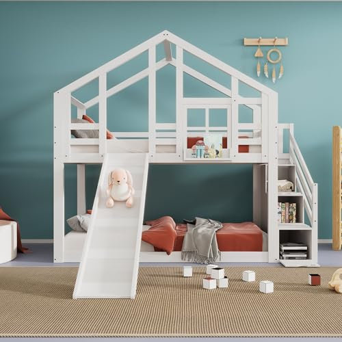 ZYLOYAL10 Kinderbett Hausbett Baumhaus Rausfallschutz 90 x 200 cm,Hochbett für Kinder–Kinderbett mit rausfallschutz 2X Lattenrost- 2 Schlafplätze- Weiß (Mit Schublade)