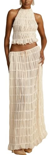 WangsCanis Damen Langer Rock 2-teiliges Set Ärmelloses Rückenfrei Neckholder Bauchfreies Plissiert Fließender Maxirock Sexy Sommer Zweiteiler Bekleidungsset (11 Aprikose, 44, L)