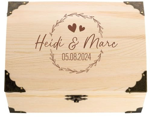 4youDesign Holzkiste, Schatztruhe zur Hochzeit mit Gravur – Motiv Kranz 2 Namen, Datum– Hochzeitsgeschenk für Brautpaar – Perfekt als Verpackung oder Geldgeschenk – L18xB13xH10cm