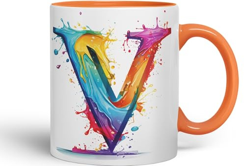 Letter V Mug, Alphabet Letter V Monogram Watercolour Ceramic Coloured Mug Cup for Tea Coffee Hot Brew 330ml 11Oz Gift (Orange)