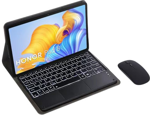 HLTOOP Keyboard Case for Honor Pad 8 12 Inch 2022, 7 Color Backlit Bluetooth Keyboard with Touchpad, Soft TPU Back Cover, Bluetooth Mouse,Black