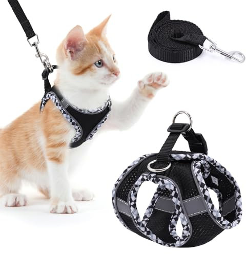 Brifit Katzenleine mit Geschirr Set, Katzengeschirr mit Leine Ausbruchsicher, Softgeschirr für Katze Verstellbare Katzenweste mit Reflektierende Streifen, Cat Harness [XS] Anwendbares Gewicht: 3-5Kg