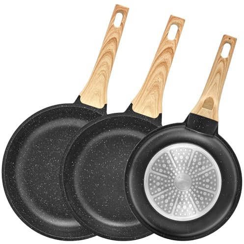 BLAZANT Juego de sartenes antiadherentes de inducción 20+24+28 cm, sartén de inducción para todas las cocinas, sartenes sin PFAS, fácil de limpiar, mango resistente al calor, granito