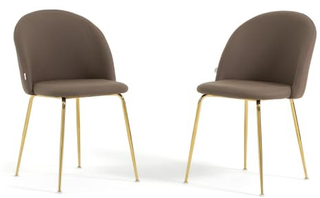 RATTATAN Sara - 2 Stühle in schlichtem oder Teddy-Samt für den Innenbereich mit Metallbeinen (Beine Gold, Similpelle Cappuccino)