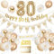 80th Birthday Decoration for Women - Gold Happy Birthday Banner, Sand White Balloons, Confetti Latex Balloons, Cake Topper for Party Decorations