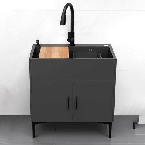 WLCNYL Kitchen Sink Cabinet with Single Bowl Utility Sink, Hot & Cold Pull-Out Faucet, for Garage, Commercial, Restaurant, Kitchen, Laundry Room (Grey, 68x40x78)
