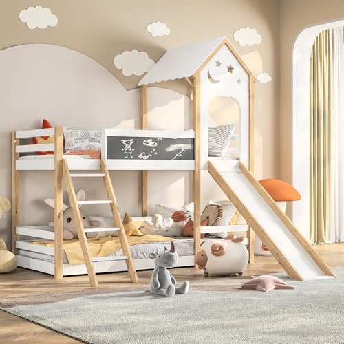 Plcnn Lit superposé Enfant 90x200 avec Toboggan et escalier, Lit cabane Enfants avec Toit et fenêtre et Grille, lit d'enfant, avec Balustrade, Convient aux Enfants, Adolescents, pin