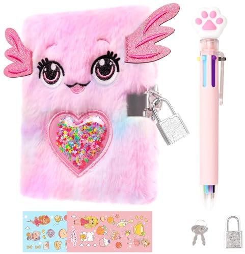 PrinBarBee Mini diario de ajolote para niñas con cerradura y llaves, 4.7 x 6.1 pulgadas, diario escolar de viaje, juego de regalo para escribir y dibujar, bolígrafo multicolor, calcomanías, regalo de
