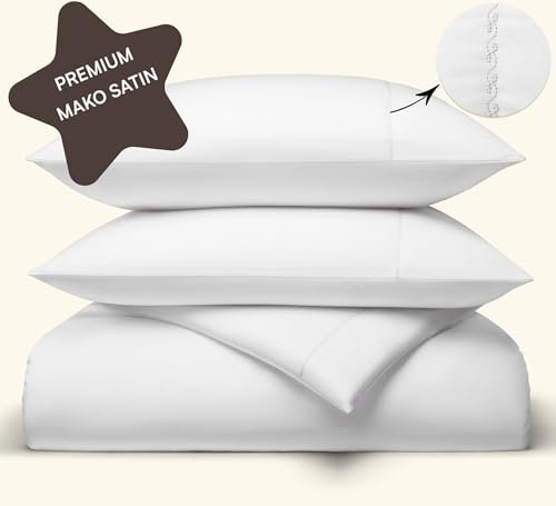 Amqua Satin Bettwäsche 135x200 Weiß - Inkl. 80x80 Kissenbezug - Weiche wie Seiden Bettwäsche