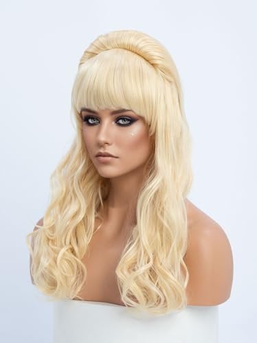 SIMKAYLE Bienenstock Perücke Damen mit Pony Hochsteckfrisur Perücke Blonde Wellig Vintage Lange Locken Perücken Blond Passt für 80er 70er 60er 50er Jahre Halloween Fasching Kostüm Party Cosplay (60cm)
