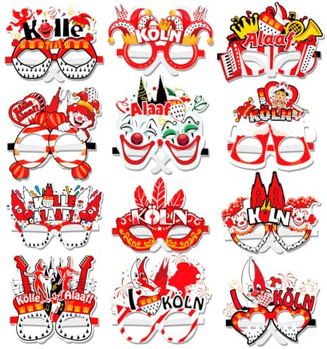 HOWAF 24 Partybrille Karneval Köln Accessoires, Köln karneval Partybrille, Kölle Alaaf Brillen, Papierbrille Karneval Köln Foto Requisiten für Karneval Kostüm Köln, Faschingskostüme, Fasching Kostüm