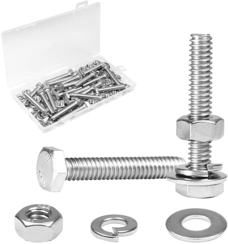 Yinpecly 20 Sets 1/4-20 x 1-1/2 Zoll Sechskantschraube, Muttern, Flach- und Sicherungsscheiben, Edelstahl 304, Maschinen-Vollgewinde-Sechskantschrauben, helle Oberfläche, Sechskantschraube, Muttern