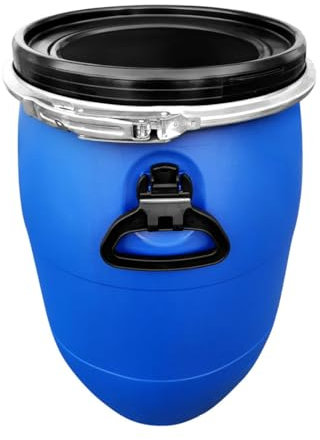 REKUBIK 60 L Weithalsfass Kunststoffdeckelfass mit Spannring, Blau, UN Zulassung