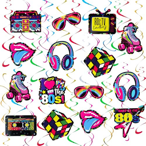 80er Thema Party Deko,Kaluofan 38 Stk 80er Jahre Deko,80er Deko Luftschlangen Geburtstag Wirbel Hängedeko Bunte,Neon Party Deko Hip Hop für Erwachsene 80s Jahre Rock Disco Retro Party Deko Zubehör