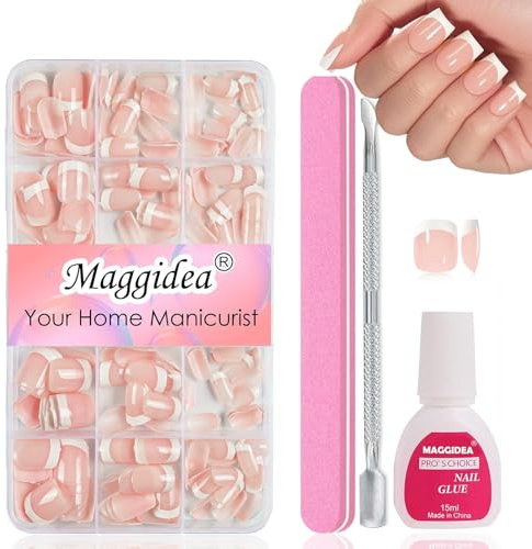 French Tip Press on Nails - 240Pcs Acrylic Short False Nails Set with Strong Glue - 15 Sizes Full Cover Short Square Fake Nails for Women & Girls - Natural White French Tip DIY Manicure Kit